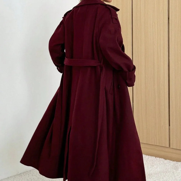 Burgundy Casual Women's Ancora Red Stand Collar Double Breasted Wool Blend Coat - Picture 2 of 7